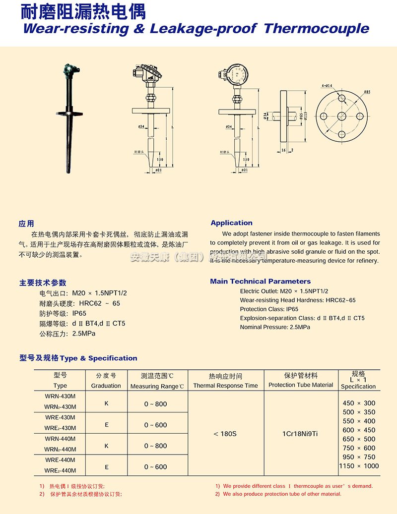 耐磨阻漏熱電偶